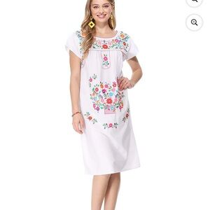 Unik White Midi Dress with Bright Floral Embroidery